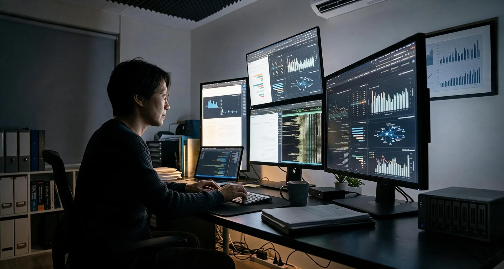 Analyst monitoring competitor dashboards on multiple screens